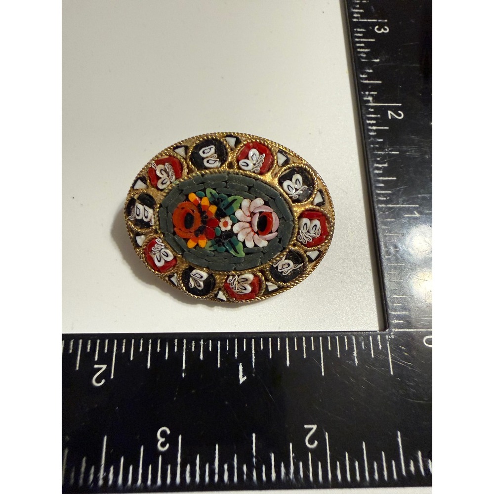 Vintage Italy Micro Mosaic Floral Brooch Oval Gold Tone Glass Tesserae Pin